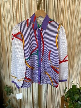 1980s vintage bold baroque-style print blouse with puffed sleeves and polka dots